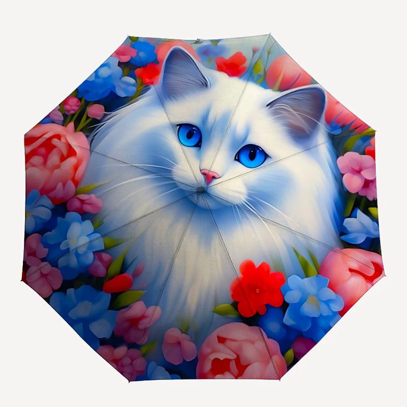 1pc Fluffy Cat Flowers Automatic Open/Close Umbrella with Windproof, 8-Rib Sturdy Canopy, Durable Ribs, Ideal for Gifts yy251117068