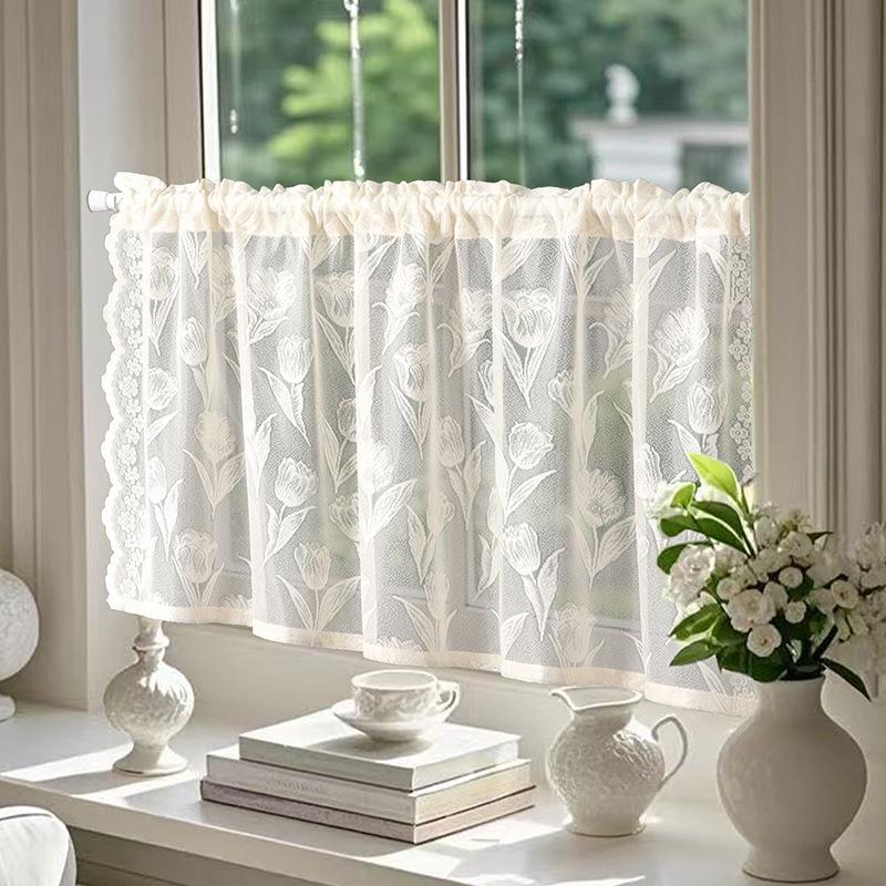 1 st Elegant Blommig Spetsgardin - Halvskir Vit Mesh, Ljusfiltrerande & Luftig Design för Uteplats, Barnrum, Vardagsrumsinredning