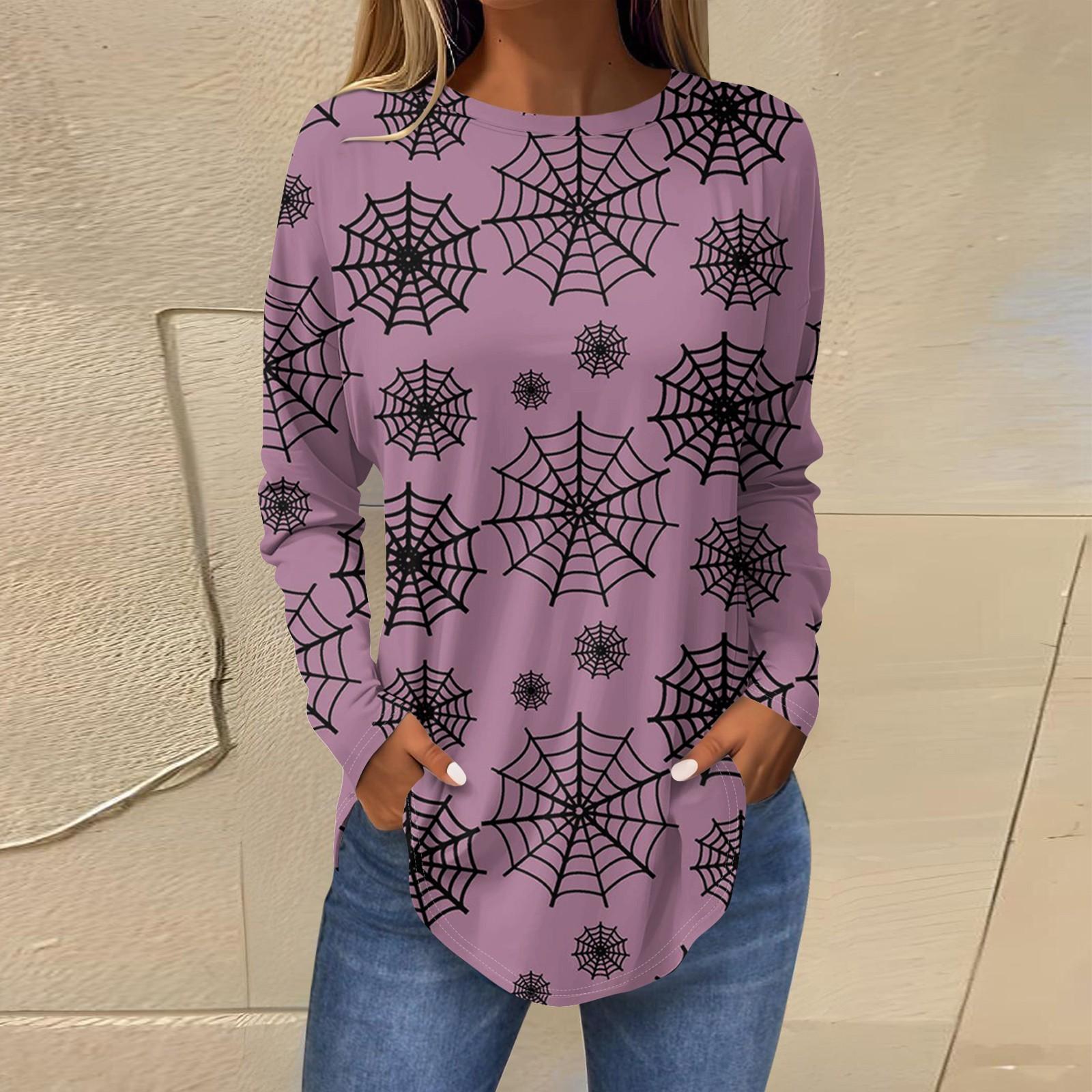 

Футболки для женщин, осенние повседневные рубашки с длинными рукавами, толстовка, винтажный топ с графическим принтом, пуловер на Хэллоуин XL фиолетовый