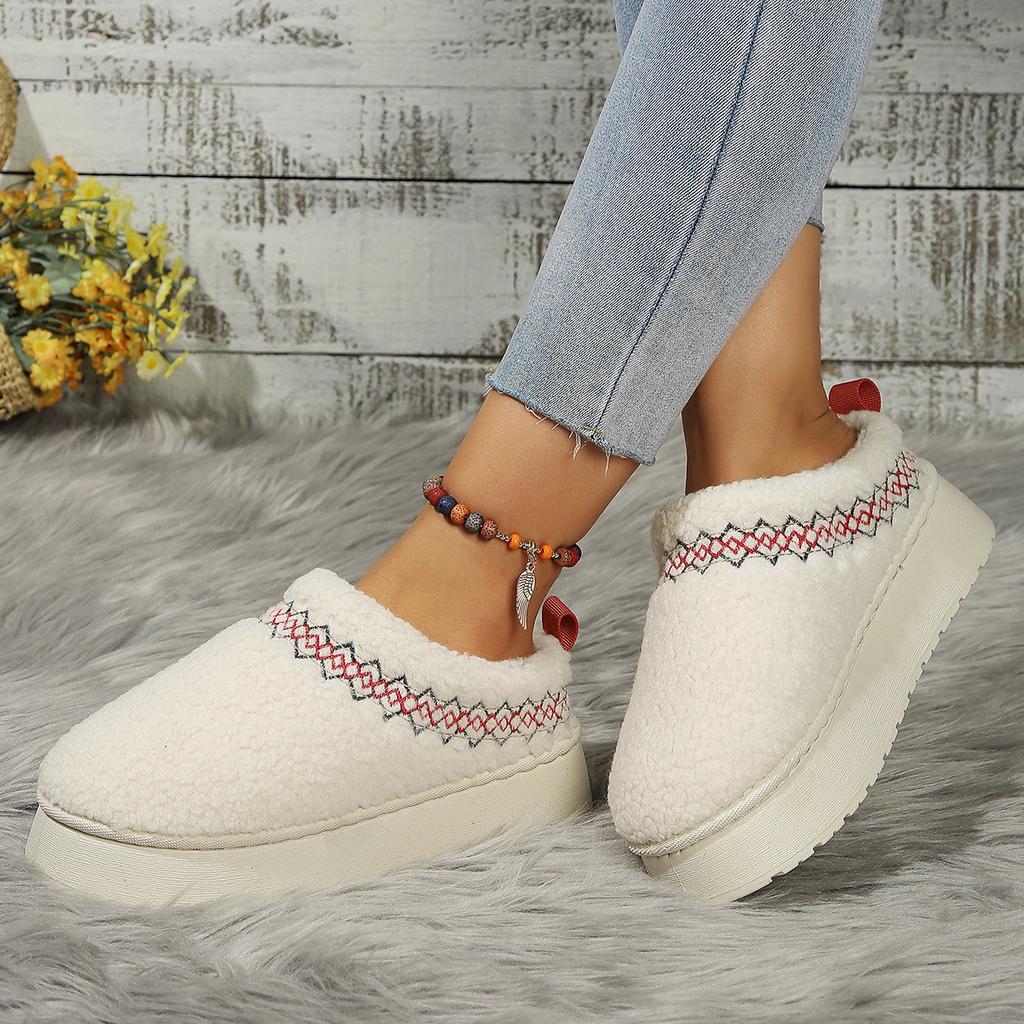 Thick Soles Wear Winter Half Slippers, New Ethnic Style Lace Semi-support Snow Cotton Slippers