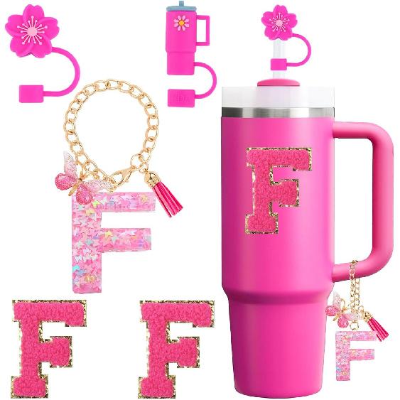 Cup Accessories Set for Stanley Cup 30oz 40oz tumbler with handle, Including Silicone Straw Topper Cover Cap, Handle Charm, Initials Sticker Fuchsia