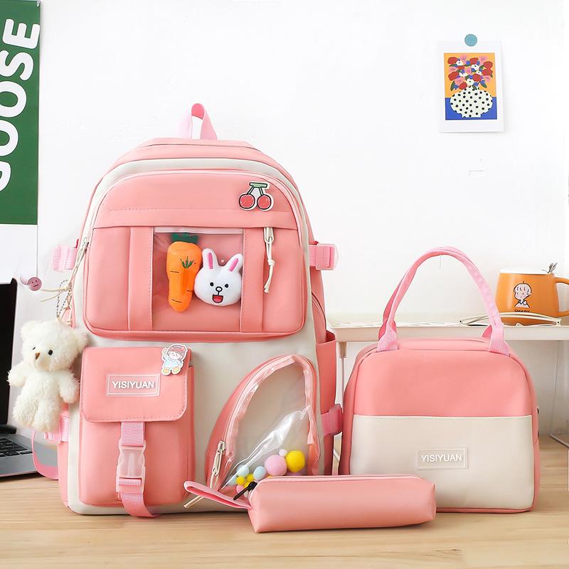 School Bag New Canvas Backpack Women's Small Fresh Contrasting Color Backpack Three-piece Set Junior High School Versatile Campus School Bag Tide