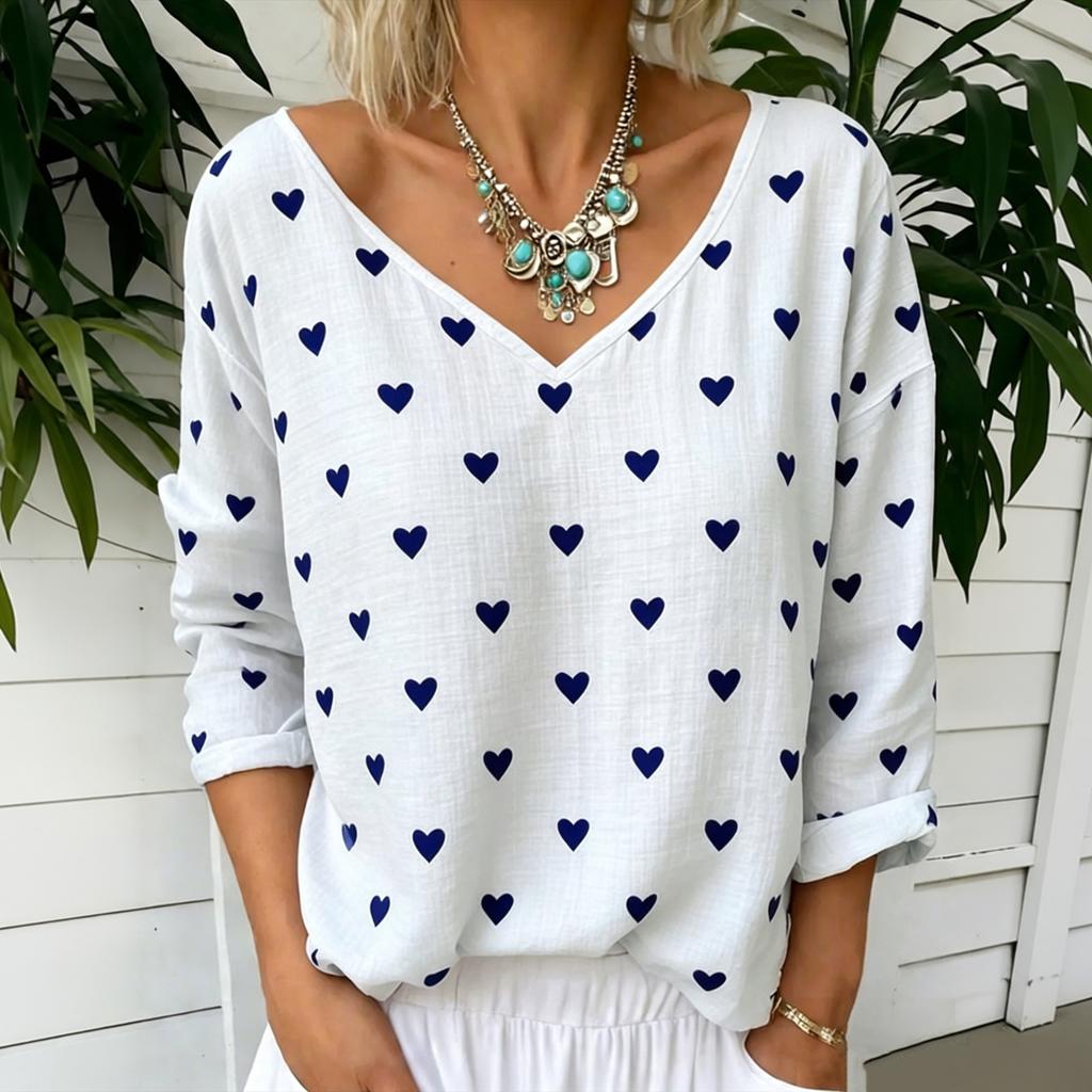 Women's Casual Loose Fit Long Sleeve V Neck Top Heart Print Cotton Linen Blouse Lightweight Breathable Comfortable Fabric