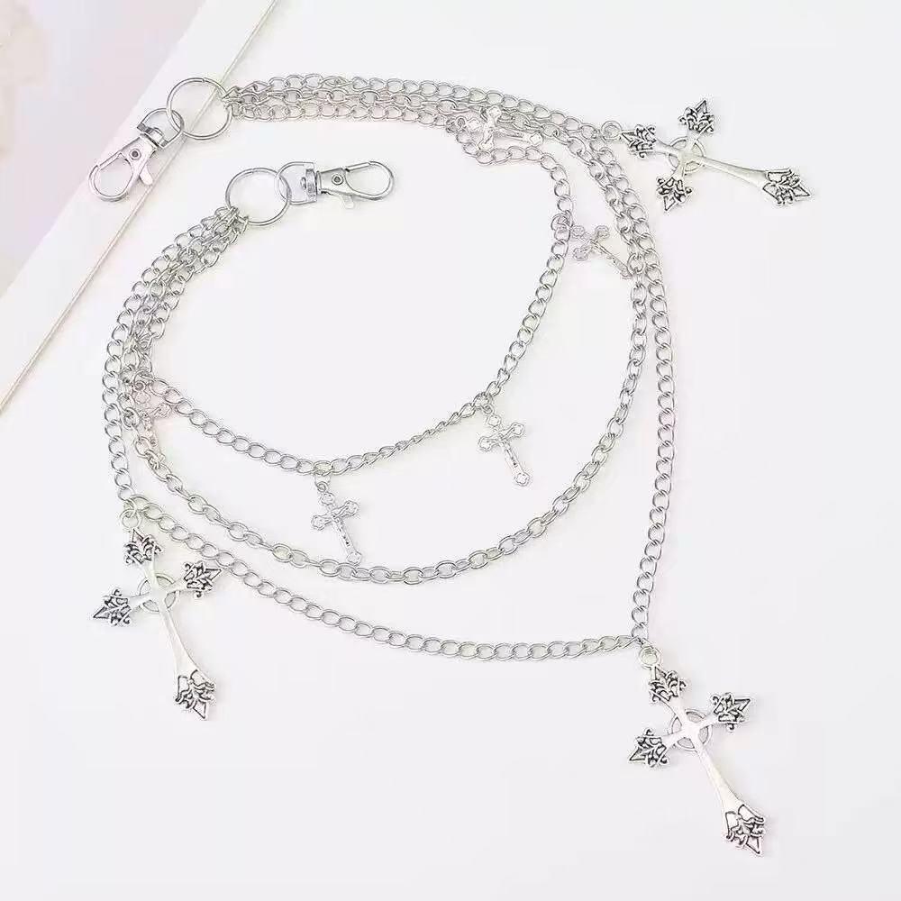 Punk Multi-Layer Cross Pendant Chain - Hot-Selling Metal Pants Accessory for Girls