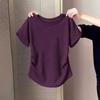 Purple Crew Neck Side Ruched Short Sleeve T Shirt for Women Casual Wear