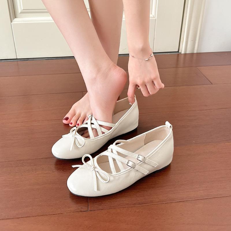 Bow round head shallow mouth ballet shoes flat sole soft sole single shoes women's cross strap inner height increase Mary Jane shoes