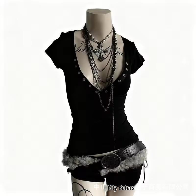 European-American Punk Rivet V-Neck Slim Short-Sleeve Sexy T-Shirt