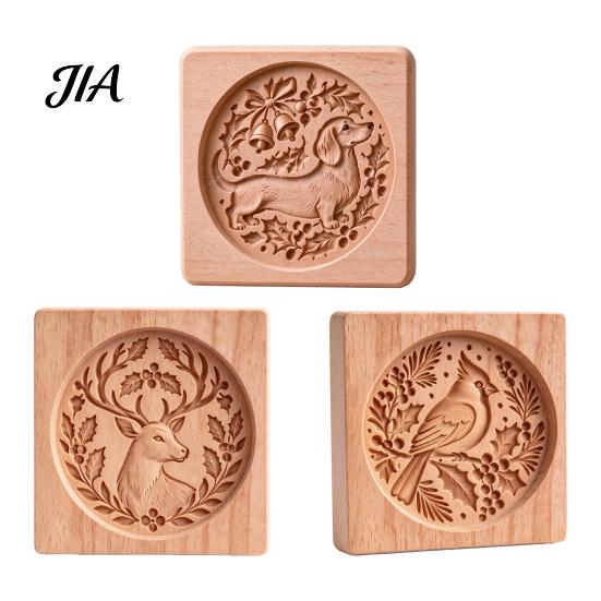 Christmas Baking Supplies Woodland Animal Cookie Mold, Wooden Biscuit Stamps, Scene 3D Red Party Snack Decoration Bird Elk Dachshund Cutter Embossing