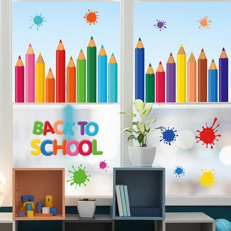 9 Blätter/Set, Bleistift Fensteraufkleber, Klebefolie, Doppelseitige Fensteraufkleber, Buntstift Fensteraufkleber, Willkommen zurück zur Schule
