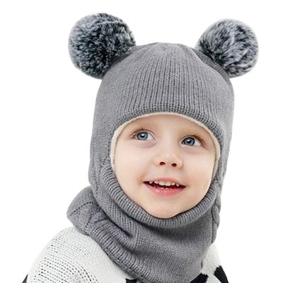 Kids Winter Hat Scarf Set Knitted Hat Scarf Earflap Thick Fleece Lined Warm Hood Hat with Pompoms