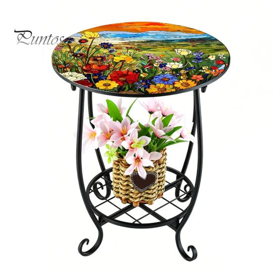2-layer Storage Rack Outdoor Side Table, Round Small Mosaic Bird Butterfly Patio Accent, Indoor End Table Plant Coffee Tea for Yard Porch Garden