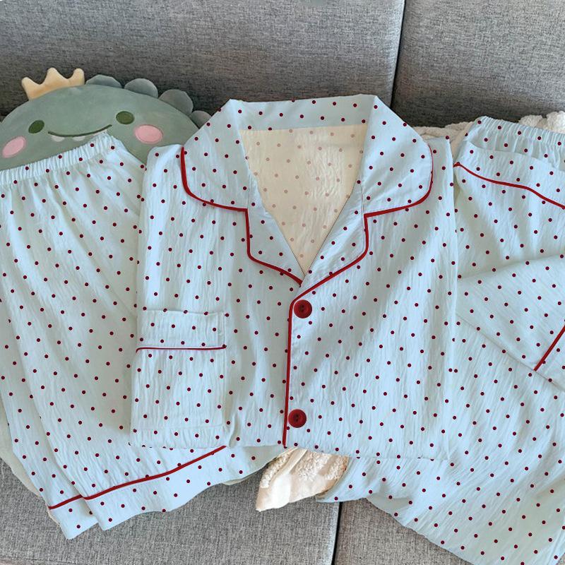 Simple Premium Polka Dot Summer Short-Sleeved Pajamas Women'S Soft Waxy Comfortable Loungewear Wrinkled Cloth Three-Piece Set