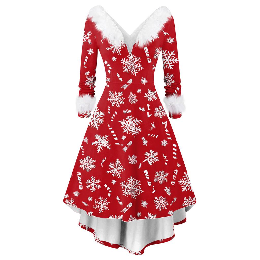 Women's Fashion Elegant Autun And Winter Long Sleeve V-Neck Christmas Print Dress