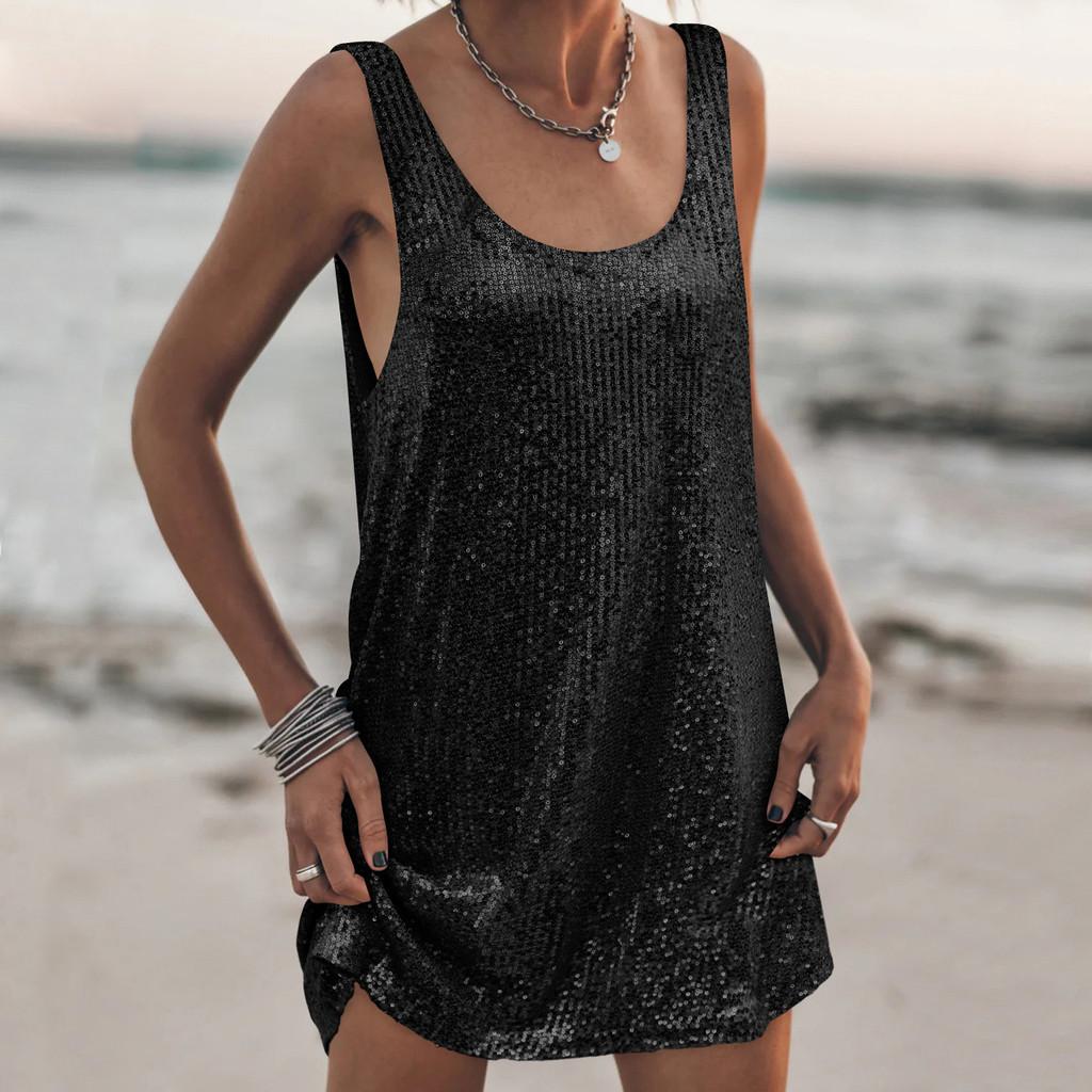 Losse Jurk Met Pailletten, U-hals, Mouwloos, Hoge Taille, Voor Casual En Feestelijke Gelegenheden