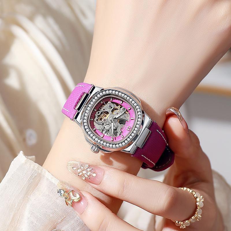 Skeleton Mechanical Watches Rose Gold Case Diamond Bezel Luminous Waterproof Fluororubber Strap Watch