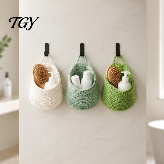 Wall Mounted Storage for Nursery 3PCS Woven Hanging Bag, Natural Cotton Rope Fruit Baskets, Organizer Hair Accessories Boho