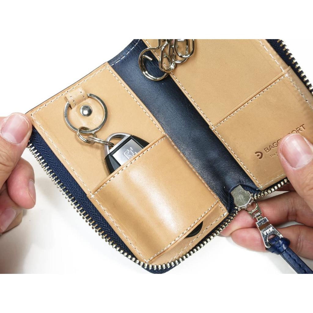 Baggy Port Key Case, Indigo-Dyed Leather with Straight Embossed Pattern, Men's, Women's, Unisex, Key Ring, ZYS-293 (Dark Blue)