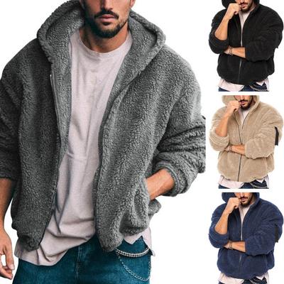 Flauschiger Kapuzenmantel für Herren, trendiger Reißverschluss, verdickte Fleecejacke, lange Ärmel, warmer Winter-Kapuzenpullover für Herren