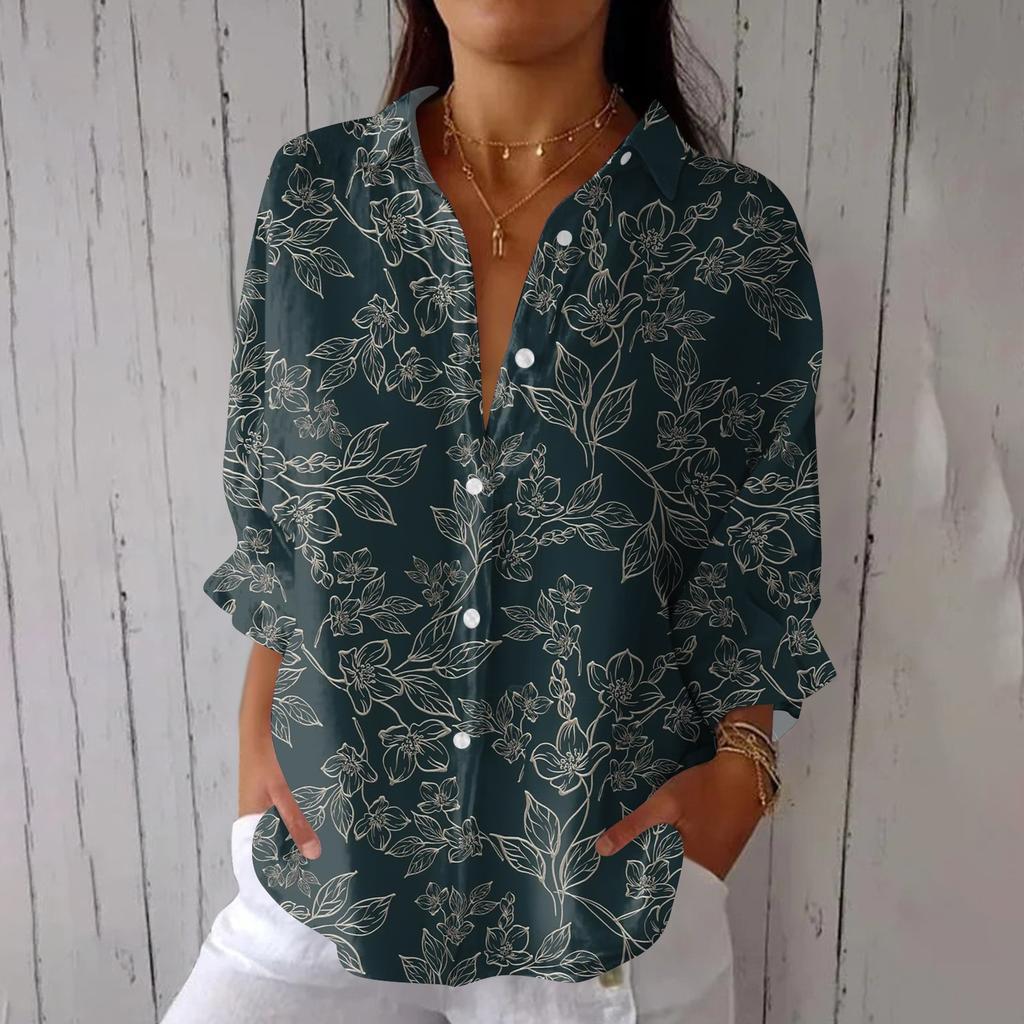 Women's Fashion Seven Sleeve Casual Lapel Back Tie Shirt Printed T-Shirt Top