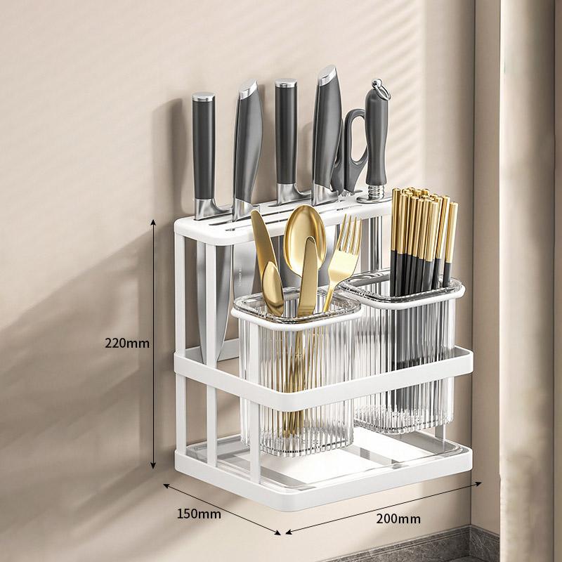 Kitchen Knife Rack Wall Mounted Cutlery Organizer Stainless Steel Pot Cover Knife Holder Chopping Board Drain Organizer Shelf