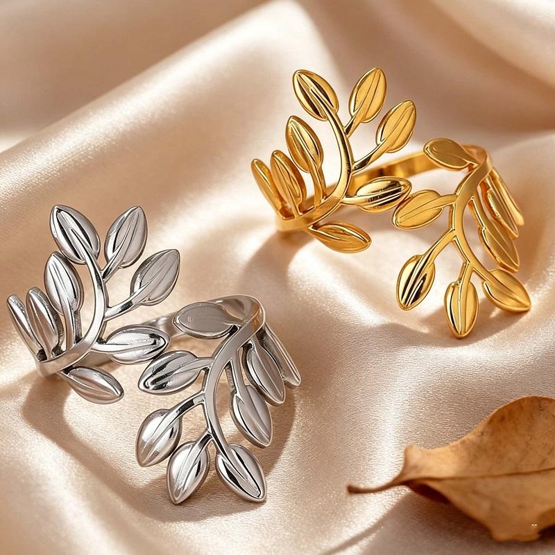 Stainless Steel Gold Color Leaves Open Rings for Women Men Minimalist Metal Irregular Adjustable Finger Rings Jewelry Gift