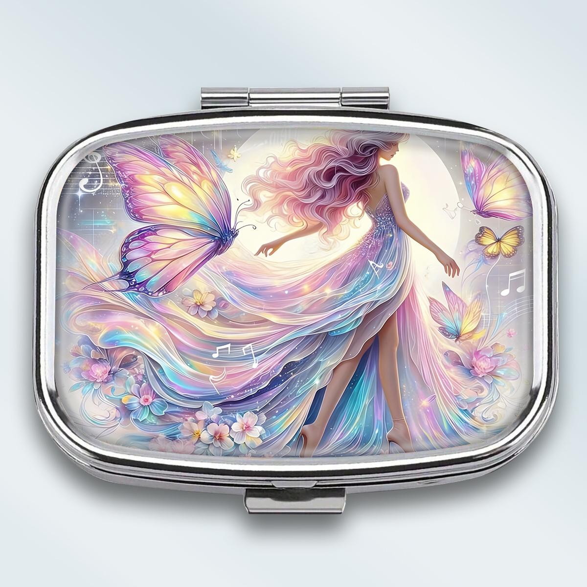 

Portable Pill Box with 2 Compartments, Mini Metal Medicine Organizer Case, Cute Printed Pill Container for Vitamins, Pills, Jewelry, Travel, Daily Use