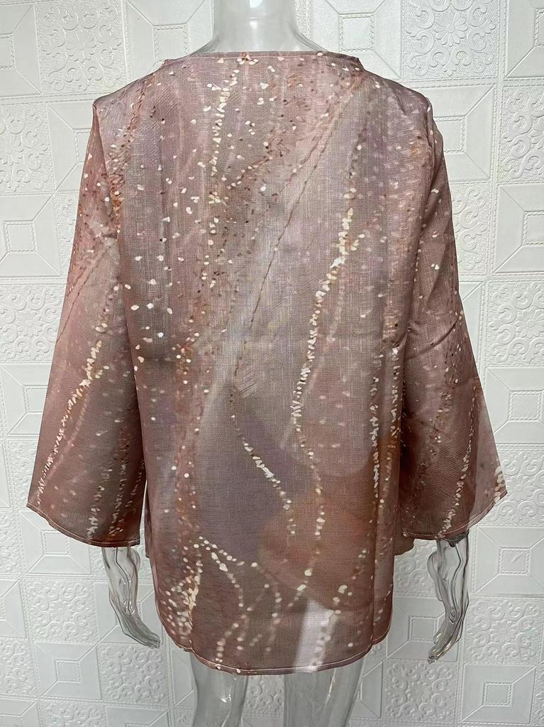2024 Women's Plus Size Casual V-Neck Long Sleeve Printed Top