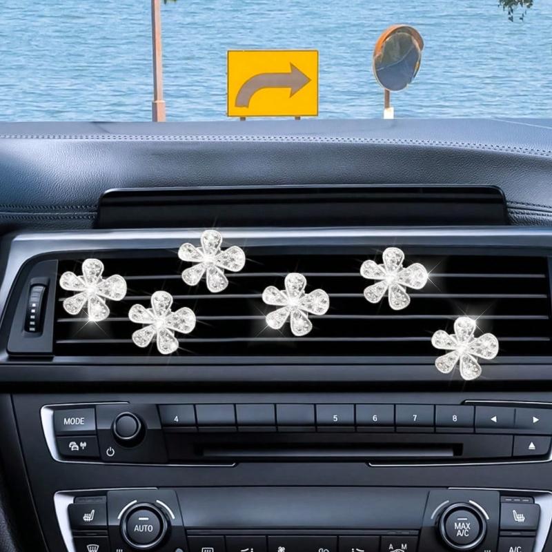 6PCS/5PCS/3PCS/1pc Rhinestone Flower Car Air Vent Decor, Crystal Rhinestone Vehicle Air Vent Outlet Clip