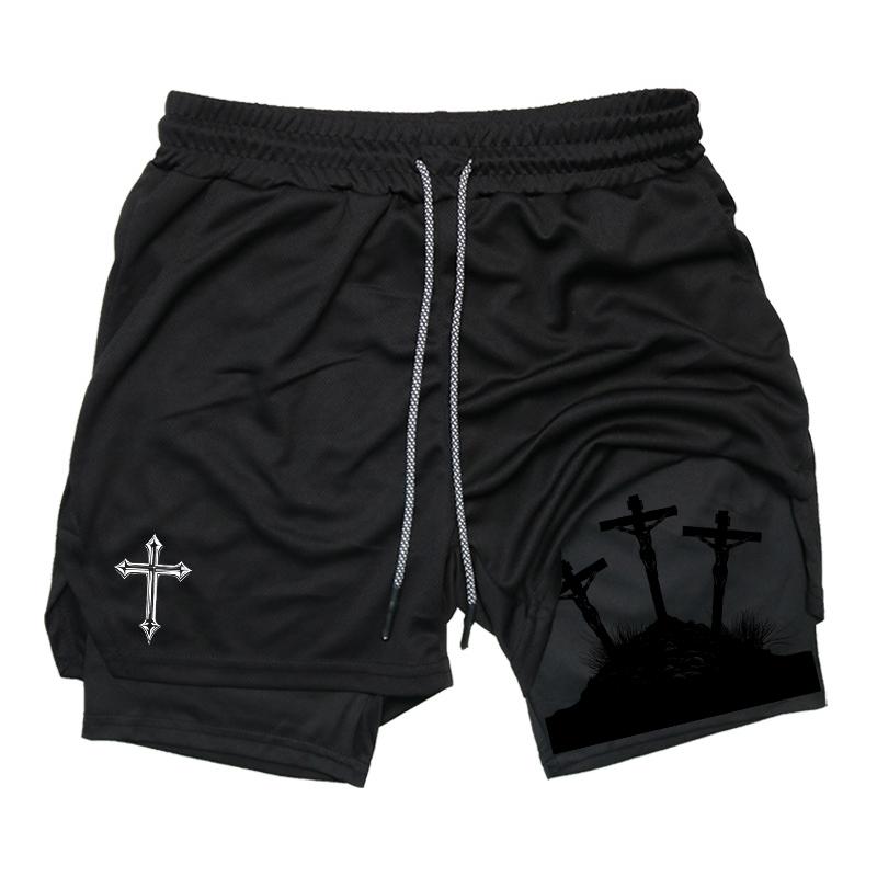 Kreuz-Print 2-in-1 Trainings-Laufshorts für Herren Christliche Atmungsaktive Performance-Shorts mit Handy-Tasche Handtuchschlaufe L