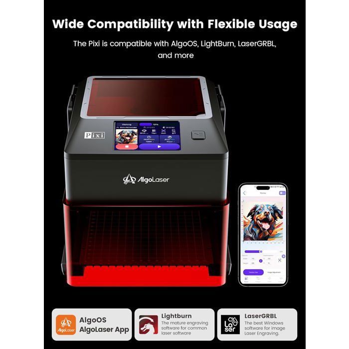 Graveur Laser 10W AlgoLaser Pixi Écran Tactile 3,5” Haute Précision Machine de Gravure Laser Pour Bois/Métal/Verre Etc Noir