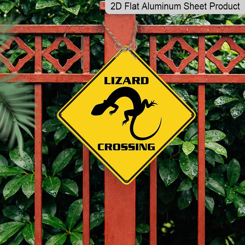 2D Flat 1pc, Lizard Crossing Warning Sign - Heavy-Duty Metal Yellow Lizard Caution Sign with Black Lizard Silhouette, Wall-Mounted for Fence, Yard