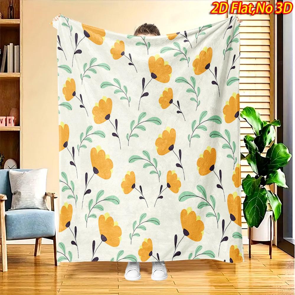 1pc 2D Flat Printing Spring And Summer New Arrival Fresh Yellow Flower And Green Leaves Pattern Digital Print Blanket, All-Season Use, Casual Throw, 1