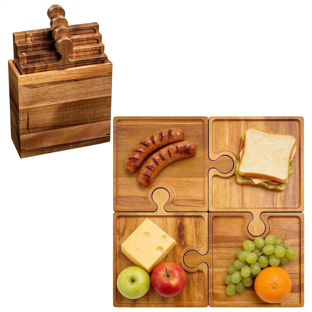 4Piece Charcuterie Board Set Multifunctional Wooden Puzzle Serving Tray Puzzle-Shaped Platter Charcuterie Tray for Kitchen Party