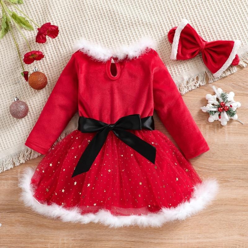 Santa Suit Christmas Santa Clauses Costume for Kids Girls Santa Costume Outfits Bow Headband + Glitter Tutu Dress