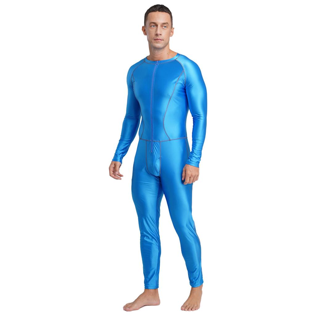 Men‘s Compression Swimwear & Gym Romper S-3XL: Shiny Long Sleeve Jumpsuit with Front Zipper, Flatlock Seams for Comfort