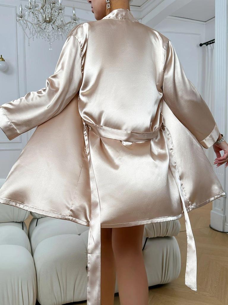 Mid-Sleeve Imitation Silk Women's Tassel Belted Bathrobe Summer Cardigan Pajamas