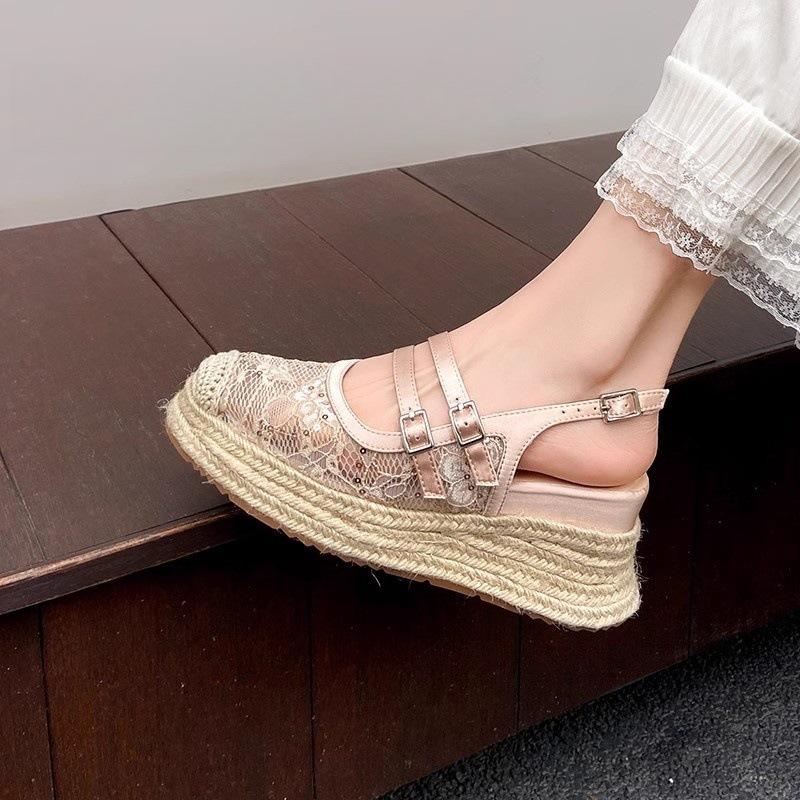 Summer Closed Toe Sandals Women's 2025 New Lace Mesh Hollow Breathable Platform Shoes Straw Fisherman Shoes with Skirt