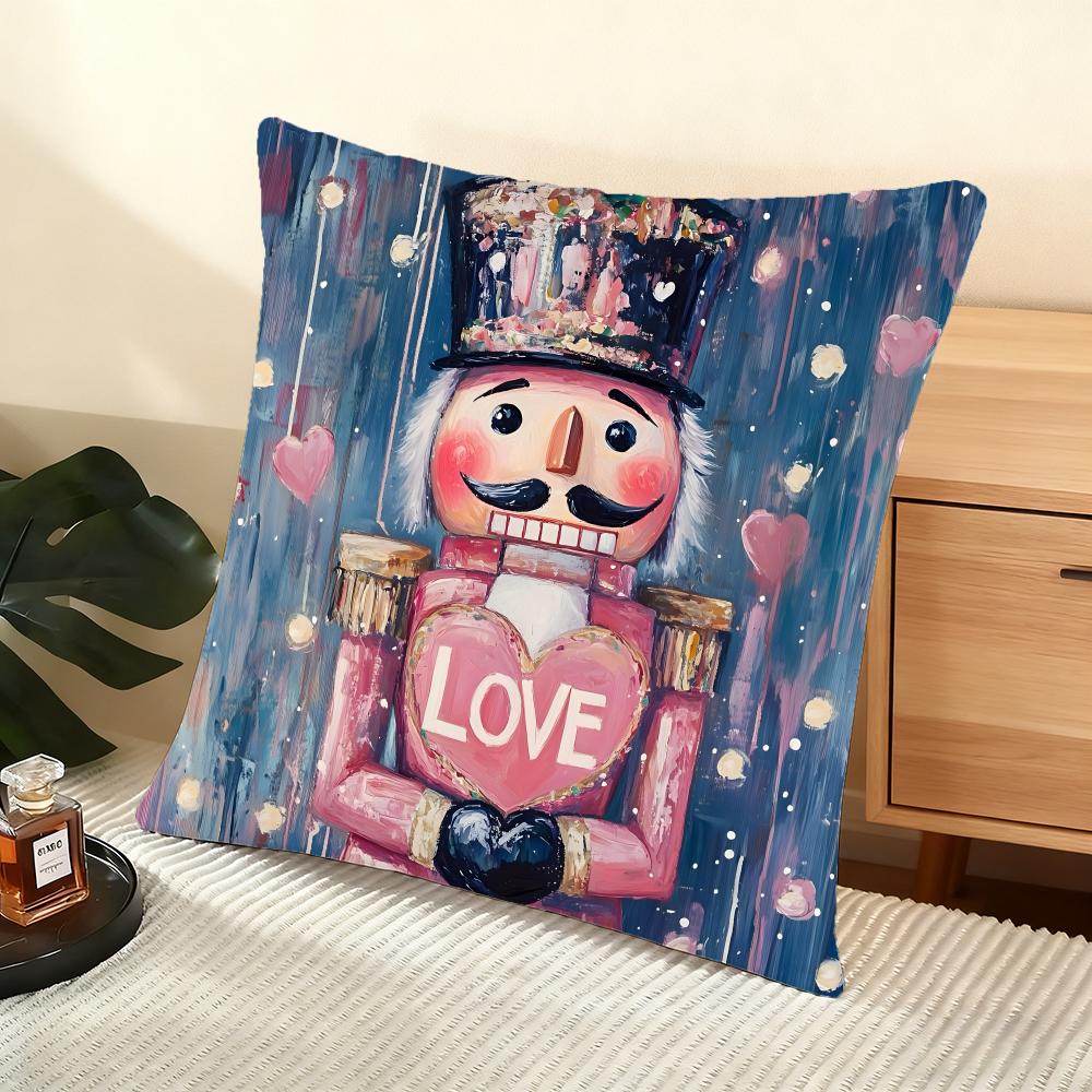Nutcracker Cartoon Cushion Cover Silky Short Plush Home Sofa Cushion Cover - Invisible Zipper Home Decoration