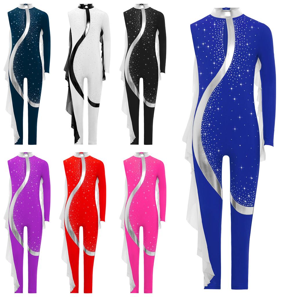 Girls Gymnastics Bodysuit Sheer Mesh Ruffles Design Asymmetrical Long Sleeve Invisible Zipper Full Body Leotard