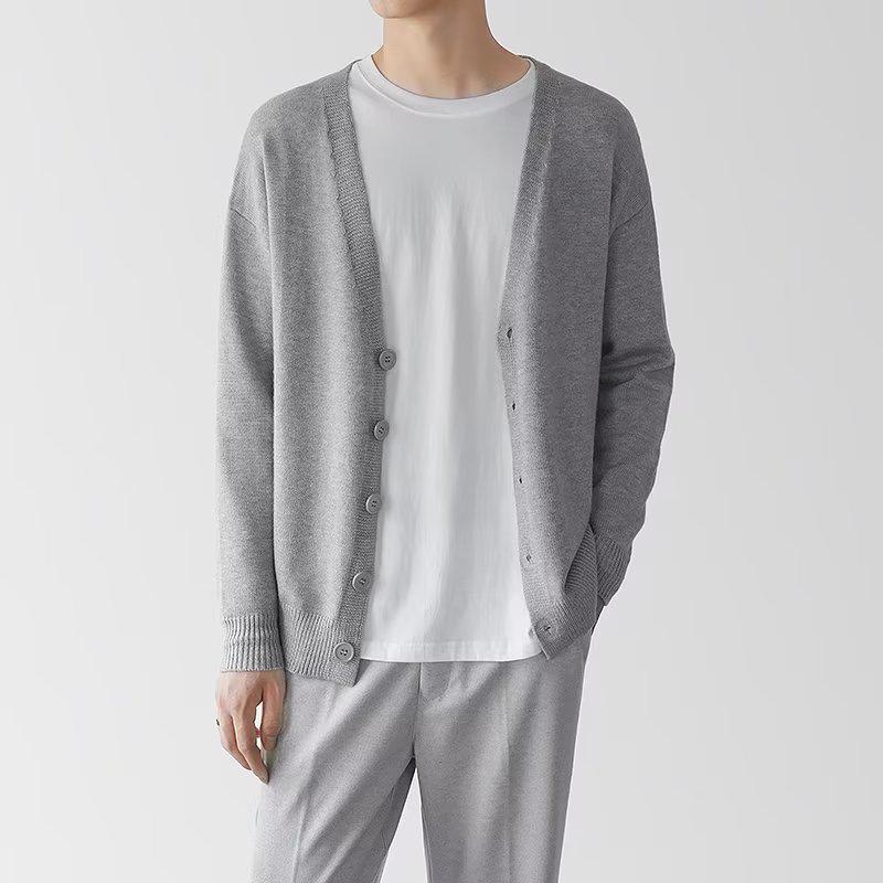 Men's V-Neck Knitted Cardigan - Business Casual Solid Sweater Jacket for Spring & Autumn.