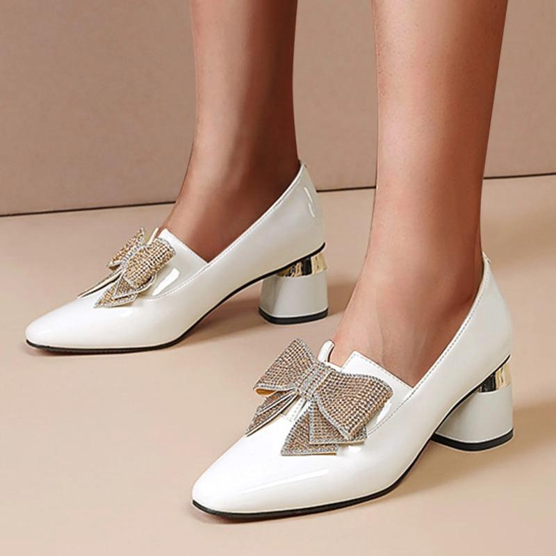 2024Women's Outdoor Heels Fashion Chunky Heel Leisure Shoes Anti-slip Slip-On Breathable Casual Shoes Rhinestone Butterfly Knot