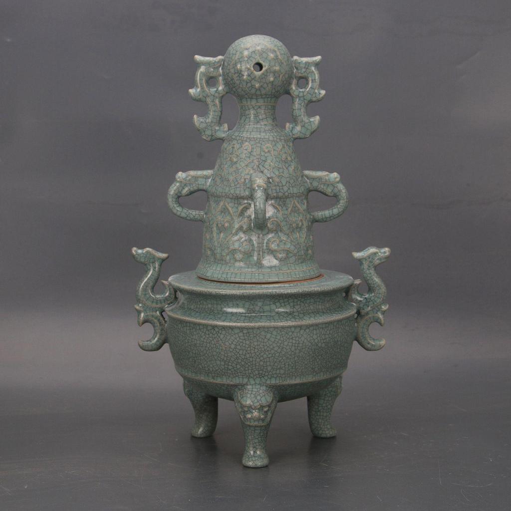 Song Dynasty Ru Kiln Qinglong Temple Ice Crackle Dragon Incense Burner Antique Porcelain Reproduction