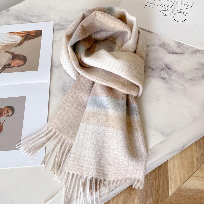 Camel brown 100 pure wool plaid scarf khaki women's winter thickened warm fringed shawl scarf