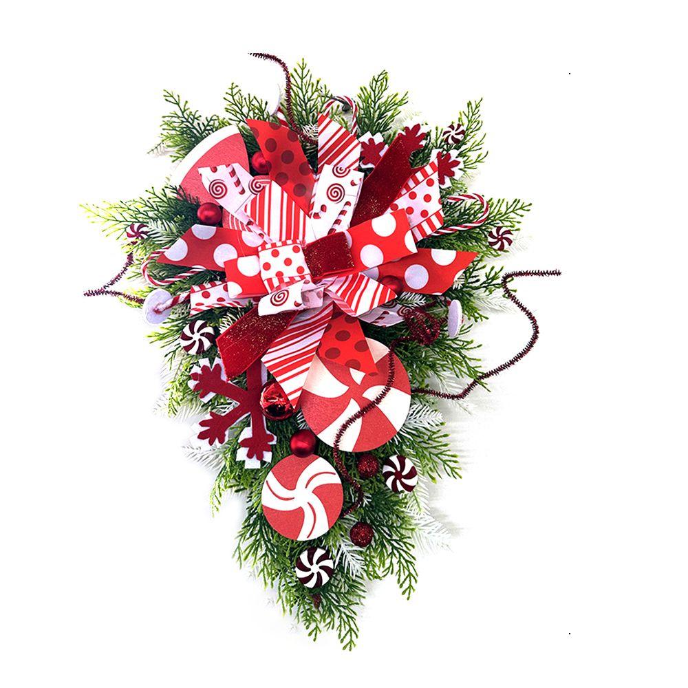 Wall Decoration Christmas Wreath Xmas Front Door Wall Decor Candy Cane Christmas Wreath Bow Garland for Christmas Decoration
