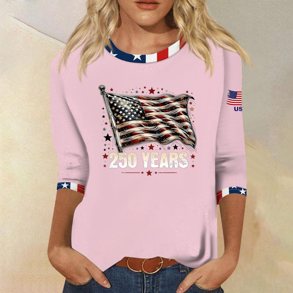 Women's Fashion Casual Seven-Sleeve Independence Day Print Round Neck Top