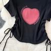 Summer New Heart Design Sweet Tops Spice Girl Round Neck Love Printing Drawstring T-shirt Casual Women Short Sleeve Fashion Blouse