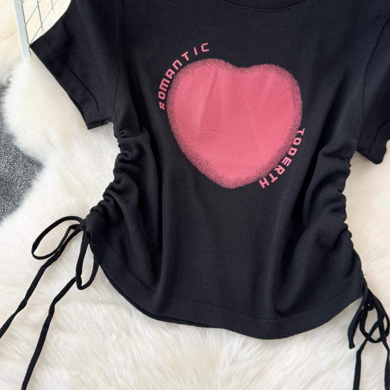 Summer New Heart Design Sweet Tops Spice Girl Round Neck Love Printing Drawstring T-shirt Casual Women Short Sleeve Fashion Blouse