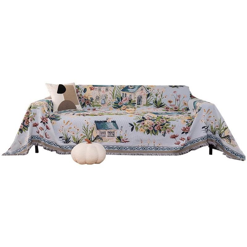 Sofabezug mit klassischem Blumenmuster und Quasten, rutschfest, multifunktional, haustierfreundlich, für Sessel bis 4-Sitzer-Sofas.