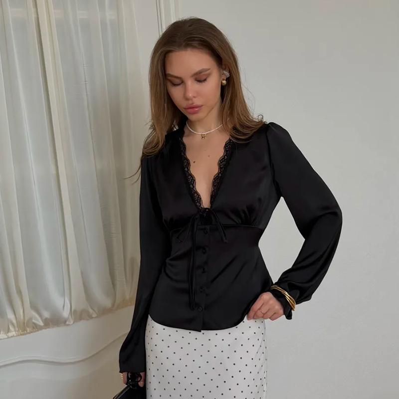 Women Elegant Satin Blouse Lace V Neck Flare Sleeve Silk Shirt Casual Solid Color Tie Front Top Vintage Office Ladies Blouse Party Clubwear