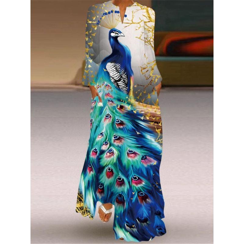 Long Sleeves Dress Women's 2025 Spring/Summer New Arrival Women's Clothing 3D Peacock Fashion Print Long Dress Travel Photography Clothes